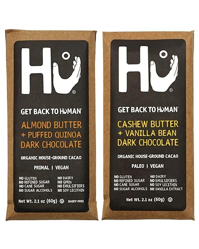 Hu Vegan Chocolate Bars | 2 Pack Almond Butter + Cashew Vanilla | Gluten Free, Paleo, Non GMO, Kosher Dark Chocolate | 2.1oz Each