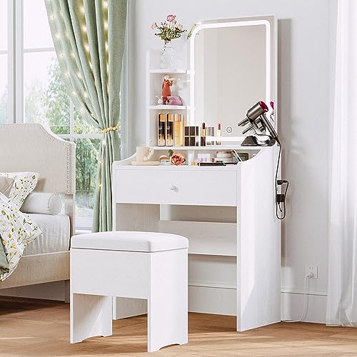 LIKIMIO Small Makeup Vanity Desk with Mirror and Lights, Vanity Table Set with Storage Drawer, Chair and Three Shelves, Bedroom, White - White