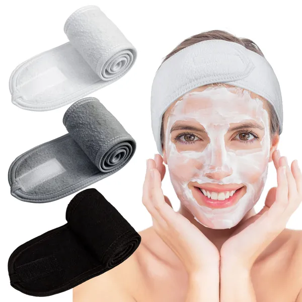 Whaline Spa Facial Headband Make Up Wrap Head Terry Cloth Headband Adjustable Towel for Face Washing,Shower, 3 Pieces (White, Black, Gray) - White, Black, Gray