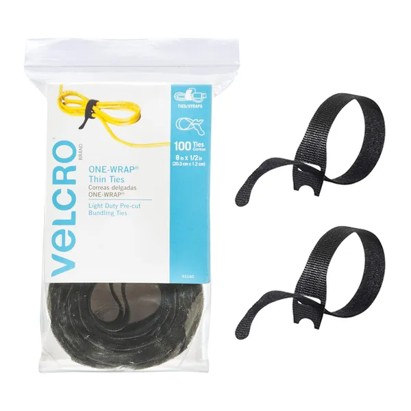 VELCRO Brand ONE-WRAP Cable Ties, 100Pk, 8 x 1/2" Black Cord Organization Straps, Thin Pre-Cut Design, Wire Management for Organizing Home, Office and Data Centers - Black