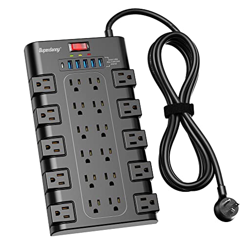 Surge Protector with 22 AC Outlets and 6 USB Charging Ports, 1875W/15A, 2100 Joules, 6.5Ft Flat Plug Heavy Duty Extension Cord