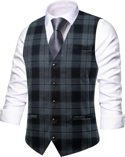 Men's Suit Vest Plaid - Black Gray 