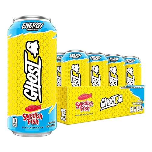 GHOST Energy Drink - 12-Pack, Swedish Fish, 16oz Cans - Energy & Focus & No Artificial Colors - 200mg of Natural Caffeine, L-Carnitine & Taurine - Gluten-Free & Vegan - SWEDISH FISH