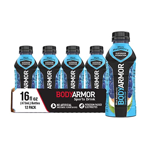 BODYARMOR Sports Drink Sports Beverage, Blue Raspberry, Coconut Water Hydration, Natural Flavors With Vitamins, Potassium-Packed Electrolytes, Perfect For Athletes, 16 Fl Oz (Pack of 12)