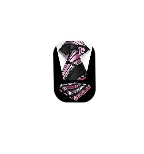 Men Plaid Checkered Tie with Pocket Square - Black Pink