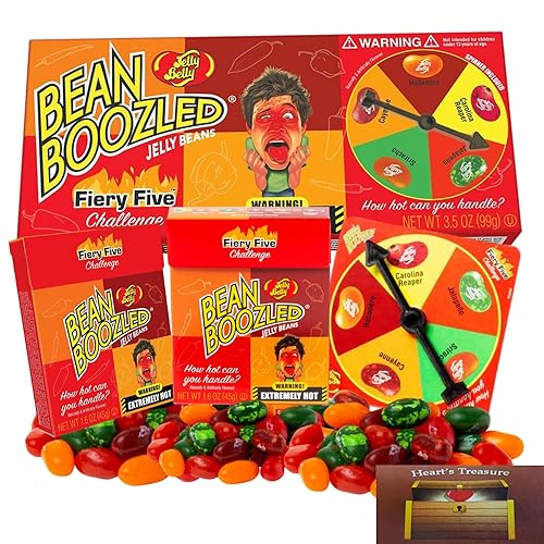 BEANBOOZLZED FIERY FIVE JELLY BEAN GAME. Spicy Candy Challenge Spinner Gift Box 3.5 Oz. And Two Flip Top Zesty Refills, 1.6 Oz. Each With Five Levels Of Heat (3 Pack)