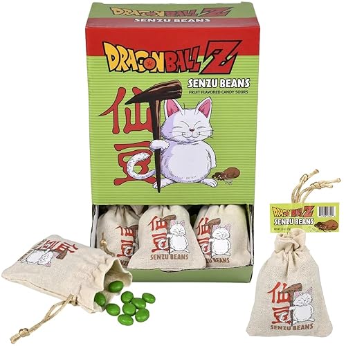 Boston America Dragonball Z Senzu Beans Candy 1 Collectible Korin Drawstring Bag Sour Green Apple Flavored Candy Green, Brown 2 Ounce (Pack of 1)