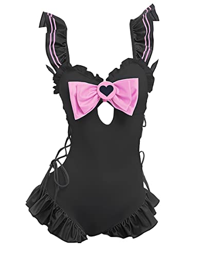 haikyuu Anime One Piece Swimsuit Ruffle Bathing Suit Kawaii Lace Up Swimwear for Women Girls - Medium - Black