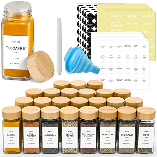 NETANY 24 Pcs Glass Spice Jars with Bamboo Lids, 4 oz Glass Jars with Minimalist Farmhouse Spice Labels Stickers, Collapsible Funnel, Seasoning Storage Bottles for Spice Rack, Cabinet, Drawer - 24