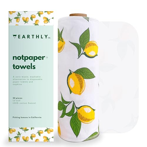 Earthly Co. Reusable Paper Towels - 24 PACK - Roll of Washable Cotton Cloth Paper Towels - Paperless Reusable Napkins Cloth Washable - Absorbent + Long Lasting - Zero Waste Products - (Lemon) - Picking Lemons - 24 Pack