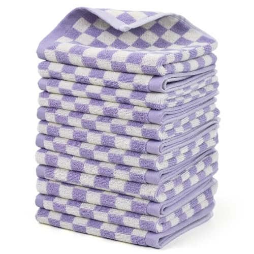 Super Soft Wash Cloths(Lilac Checkered), 12 Pack Washcloths Facecloth, Cotton Face Towels Set for Body Showering 13x13 Inches, Gifts - Lilac