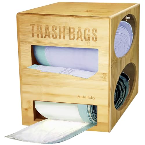 Antallcky Bamboo Trash Bag Dispenser Roll Holder 13 Gallon 2 Rooms,Garbage Bag Storage Dispenser Organizer Wall Mount or Under Sink for 2 Rolls of Plastic Bags(Up to About 160 Bags) - 1 Count (Pack of 1)