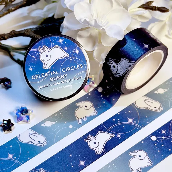 Celestial Circles Bunny Washi Tape, Cute Washi Tape With Space Rabbits and Stars for Bullet Journals and Planners, Cute Stationery