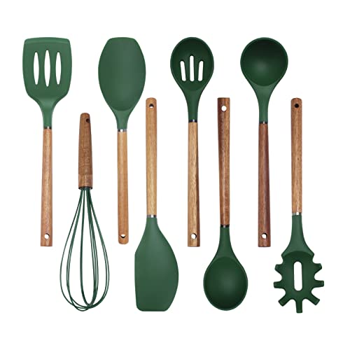 Country Kitchen Silicone Cooking Utensils, 8 Pc Kitchen Utensil Set, Easy to Clean Wooden Kitchen Utensils, Cooking Utensils for Nonstick Cookware, Kitchen Gadgets and Spatula Set-Green - 8 Piece Set - Green