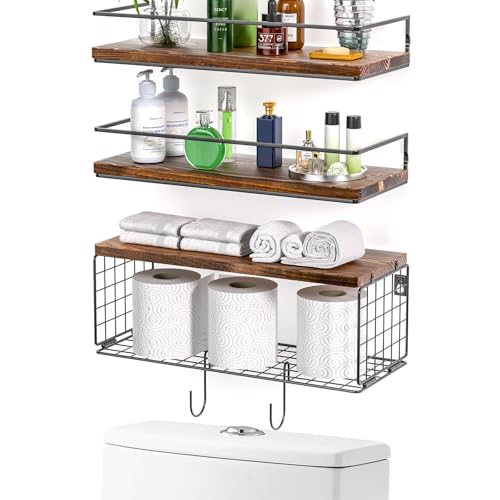 WOCOPIA 3+3 Wall Mounted Bathroom Shelf Over Toilet with Toilet Paper Storage Basket & Hooks, Bathroom Organizers and Storage, Hanging Corner Shelf Floating Shelves for Bathroom Wall Room Decor Brown - Brown