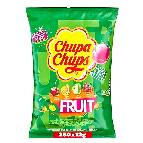 Chupa Chups Lollipops Fruit, Piruletas de Fruta, Manzana, Fresa, Naranja, Cerezas, 250 Unidades, 3 kg - Fresa,Manzana,Naranja - 250 Unidad (Paquete de 1)