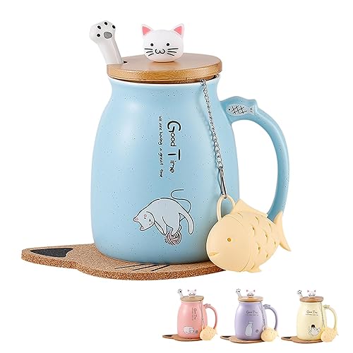 MengCat Taza Gato Linda Taza de café de cerámica con Tapa，Cuchara, Novedad Copa de la mañana Té Leche Navidad Jarra Regalo 380ML - Azúl