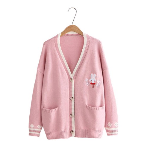 Himifashion Niedliche Strickjacke für Teenager, Mädchen, Kawaii-Hasen-Stickerei, langärmelig, Pullover mit Taschen, V-Ausschnitt, Strickwaren