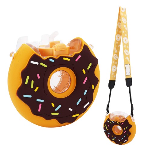 Bemodst Donut Wasserflasche, 380ml Kinder Wasserflaschen mit Schultergurt Auslaufsichere Sportwasserflaschen für Kleinkinder Kinder Mädchen und Jungen - Braun