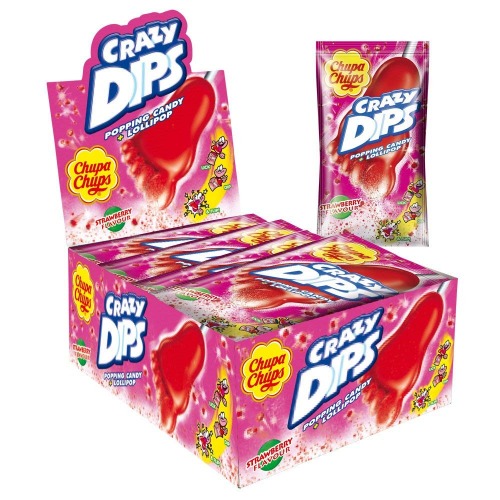 Chupa Chups Crazy Dips, 24er Thekendisplay, Erdbeer-Lollis mit Brausepulver und Knistereffek, Perfekt für Weihnachten - 