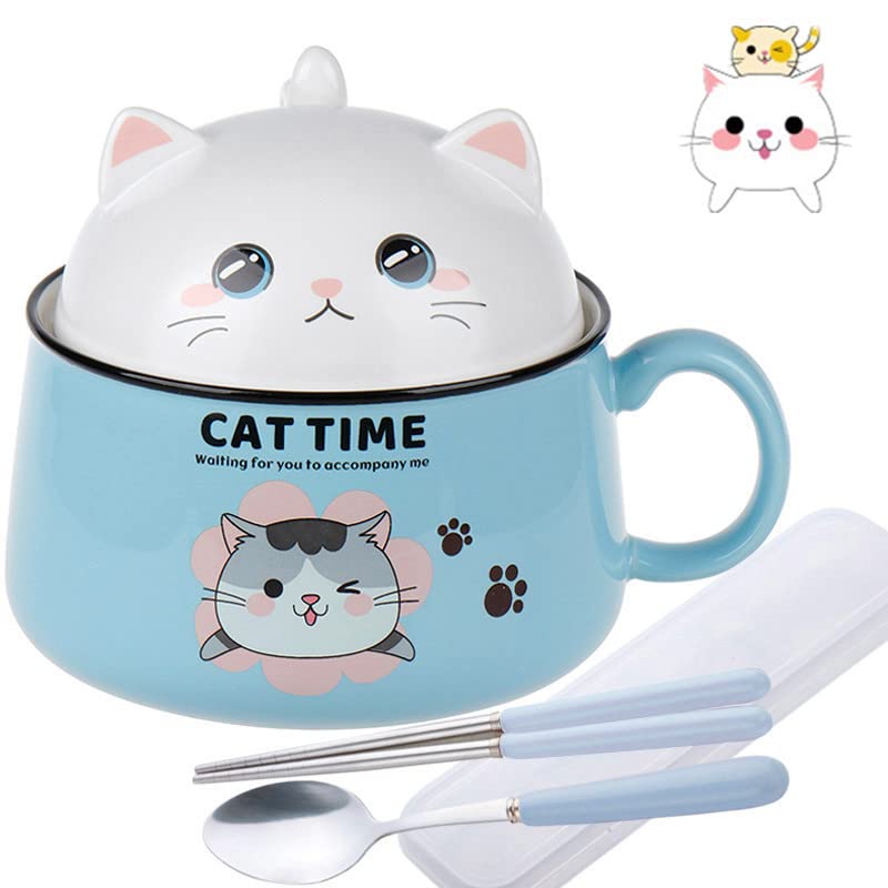 Müslischalen Ramen Schüssel Salatschalen mit Deckel und Henkel - 1020mL Keramik Schüssel Instant Nudelschale Suppenschale - Katze Pastaschüsseln Dessertschalen Nudeln Suppe Lunchbox für Kinder - Blau