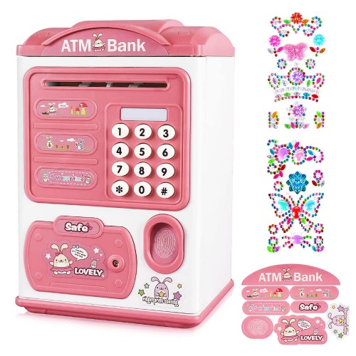 HOGOKIDS Elektronische Spardose für Kinder Mädchen - Tresor Spardose mit 4-Stelliges Passwort und Licht, Große Sparschwein für Münzen und Scheine, Digitale ATM Geld Bank mit Einzigartigen Aufklebern