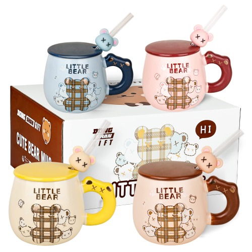 Niedliche Bären-Tasse, 4 Stück, Keramik-Kaffeetassen mit Kawaii-Bären-Deckel und Löffel, Neuheit, Morgentee, Milchbecher-Set für Mädchen, Frauen, Bärenliebhaber, Weihnachten, Geburtstagsgeschenk… - Bären 4er Set