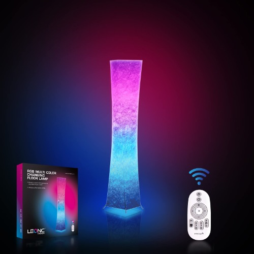 LEONC Design Floor Lamp, LEONC Standing Lamp, RGB 7 Colors Changing LED Bulbs and 10 Levels Brightness, Remote Control and Fabric Shade, Modern for Bedroom, Kids Room and Play Room