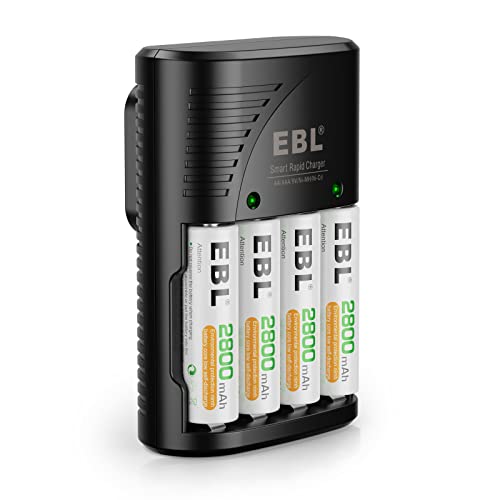 EBL Rechargeable AA Batteries 4 Pack, Precharged Double A Battery 2800mAh and AA AAA Battery Charger with Foldable Wall Plug - 4AA Battery + Charger