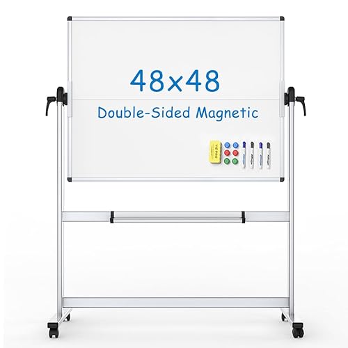 VIZ-PRO Double-Sided Mobile Whiteboard, 48 x 48 Inches, Magnetic Rolling Dry Erase White Board on Wheels with Aluminium Frame and Stand - White - 48 x 48 Inches