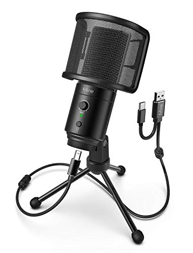 FIFINE USB Desktop PC Microphone with Pop Filter for Computer and Mac, Studio Condenser Mic with Gain Control Mute Button Headphone Jack for Gaming Streaming Recording YouTube, Extra USB-C Plug -K683A