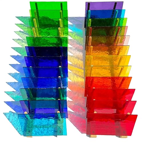 PALJOLLY 24 Sheets Rainbow Transparent Stained Glass Sheet Value Pack, 6 X 4 inches Cathedral Art Glass Mosaic Tiles for Crafts, Stained Glass Supplies for Stained Glass or Mosaic Projects - Transparent Rainbow