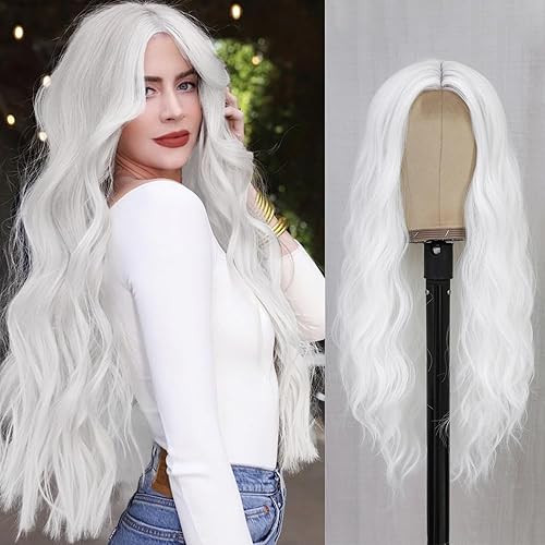 YBYMCAI White Wig - Long White Wavy Wigs for Women Middle Part Cosplay Wigs 26 inch Natural Curly Synthetic Wig Heat Resistant Fiber Wigs for Daily Party Use - White