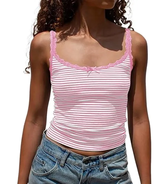 Cioatin Women Cute Y2K Lace Patchwork Striped Bow Crop Cami Tops Sleeveless Tight Fit Preppy Aesthetic Tank Going Out - Small - Pink
