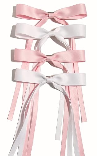 4pcs Tassel Ribbon Bowknot Hair Clips with Long Tails, Solid Claw Barrettes with Bows for Girls and Women - Hair Accessories (Pink White) - Pink White