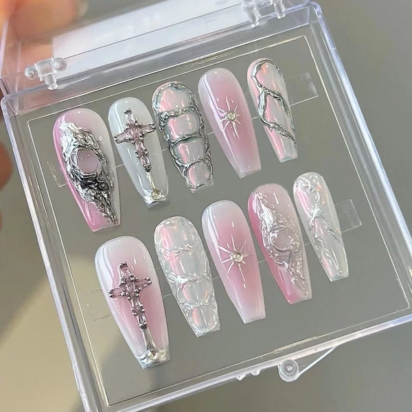 Handmade Y2K Gilding Silver Metallic Aurora Pink Acrylic Nails