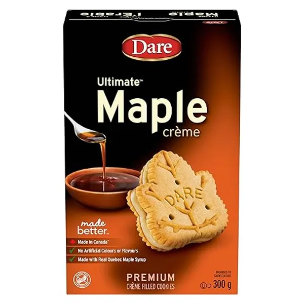 Dare Maple Leaf Creme Cookies 300g Box, Peanut Free, Made with Real Maple Syrup, No Preservatives, Imported from Canada - Maple,Peanut - 10.58 Ounce (Pack of 1)