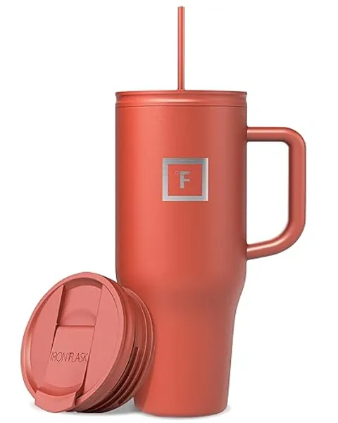 IRON °FLASK Co-Pilot Insulated Mug w/Straw & Flip Cap Lids - Cup Holder Bottle for Hot, Cold Drink - Leak-Proof - Water, Coffee Portable Travel Mug - Rusty Red, 32 Oz - 32 Oz - Rusty Red