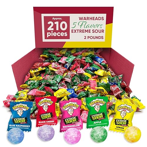 Warheds 5 Assorted Fruit Flavors Extreme Sour - 2 Pounds Approx 210 Pieces of Hard Candy Bulk Individually Wrapped Candy - Mixed Fruit Assorted Flavors Lemon - Watermelon - Blue Raspberry - Black Cherry - Apple - Ideal as Pinata Stuffers Candy - Extreme Sour Candy Balls Adults & Kids Candy - Assorted Candy Flavors - 2 Pounds