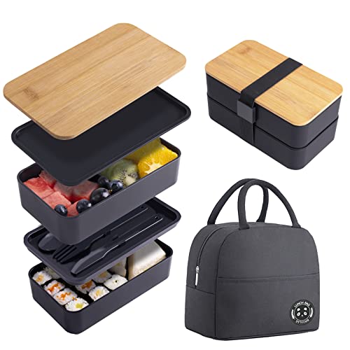 Japanese Bamboo Bento Box with Compartments and Utensils Stackable Lunch Box Includes Lunch Bag for Meal Prep Black - Black - 42 OZ