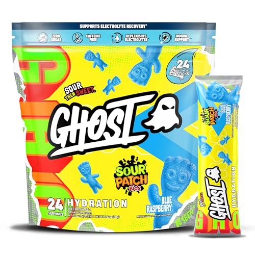GHOST Hydration Packets, Sour Patch Kids Blue Raspberry, 24 Sticks, Electrolyte Powder - Drink Mix Supplement with Magnesium, Potassium, Calcium, Vitamin C - Vegan, Free of Soy, Sugar & Gluten - Sour Patch Kids Blue Raspberry (Sticks)