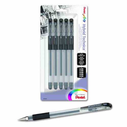 Pentel Arts Hybrid Technica Gel Pen with Assorted Tip Sizes, Black Ink, Pack of 5 (KN10BP5A) - 12 Count (Pack of 1) 0.3mm