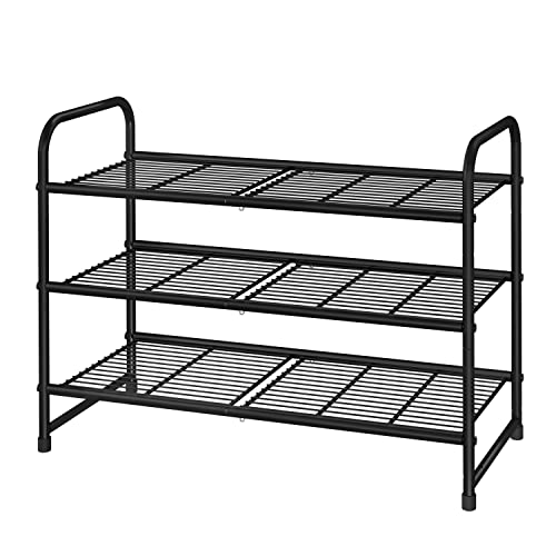 Simple Trending 3-Tier Stackable Shoe Rack, Expandable & Adjustable Shoe Shelf Storage Organizer, Wire Grid, Black - Black - 3-Tier