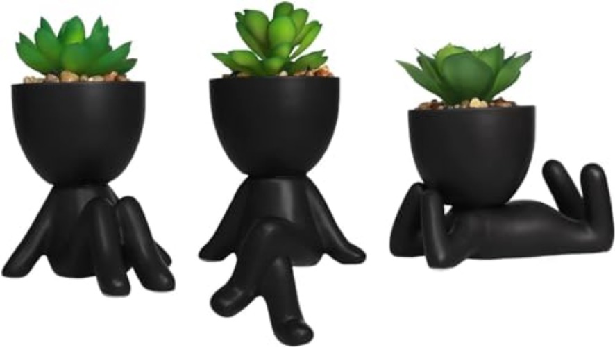 Zerzsy 3 PCS Cute Artificial Succulent Plants with Creative Human Shaped Pots, Mini Potted Plant Succulents Desk Decor for Home Office Decor (Matte Black) - Black