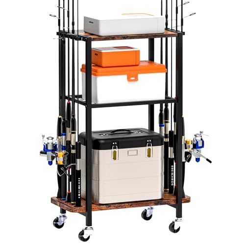 TC-HOMENY Fishing Rod Holder for Garage,10-Rod Fishing Pole Rack Cart,3-Layer Fishing Gear Storage organizer rack, Fits All Fishing Rods, Fishing Rack Gifts for Men Women - Brown