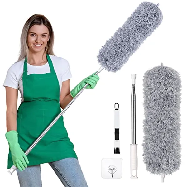 Vicloon Feather Duster Extendable, 100 Inches Microfiber Duster Cleaning Steel Telescopic Duster Feather Duster with Bendable and Window Slot Cleaning Brush Hand for Cleaning Ceiling Fans, Cars… - Light Grey