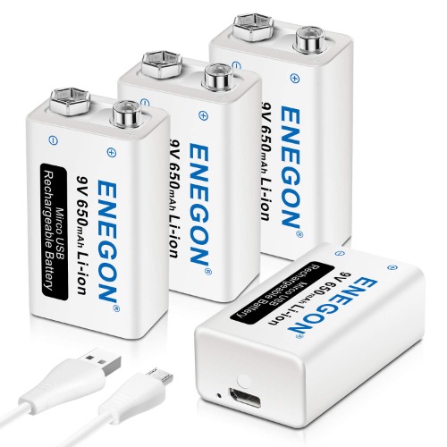 ENEGON 9V USB Directa Recargable Batería 650mAh Lito-Ion con Cable Micro USB 2 en 1 para Micrófonos, Alarma de Humos, Juguetes electrónicos, Walkie Talkie y Más aparatos (4 Baterías)