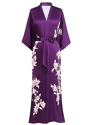 BABEYOND Kimono Robe Cover up with Box Long Floral Satin Sleepwear Silky Bathrobe Bachelorette Robe - One Size - Violet