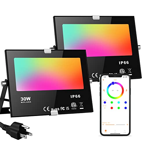 LED Flood Light Outdoor 300W Equivalent,30W RGB Color Changing Smart Floodlight with APP Control, IP66 Waterproof, Timing, 2700K&16 Million Colors 23 Modes for Garden Stage Landscape Lighting (2Pack) - 2Pack