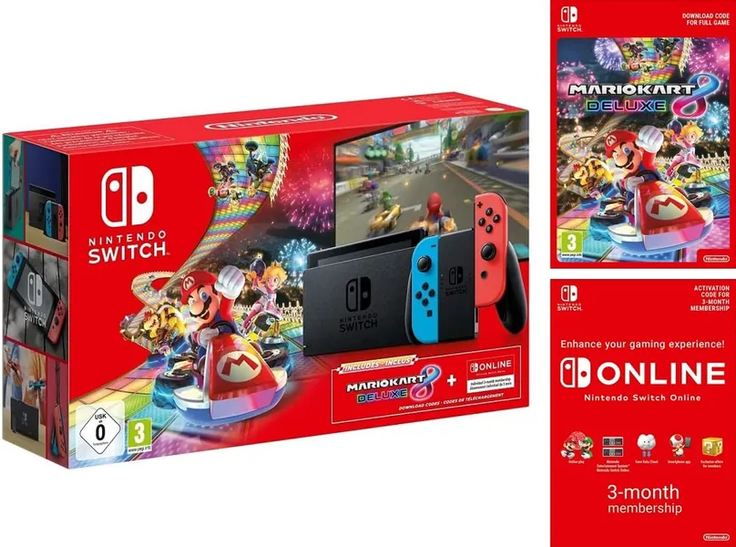 Nintendo Switch Neon Red/Neon Blue with Mario Kart 8 Deluxe and 3 Month Nintendo Switch Online Membership